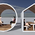 Unique Wooden Circular And Triangular Outdoor Structures With People Sitting Reading Relaxing 3d model