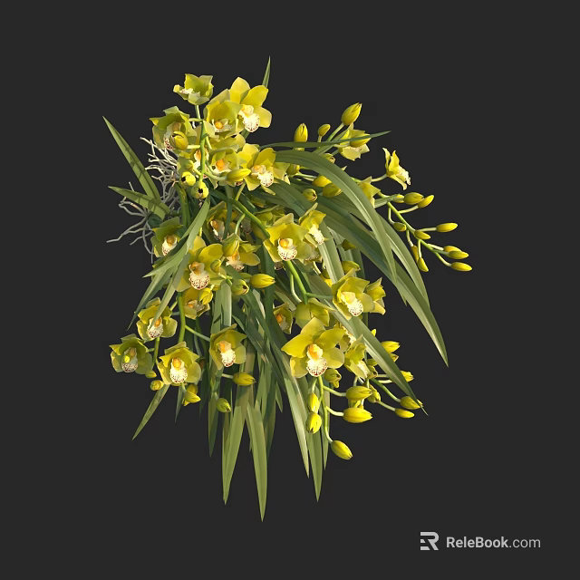 Yellow Orchid Flowers in Vase with Green Leaves and Fresh Blooms 3d model 