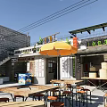 Commercial Street With Outdoor Dining Tables Umbrella Store Signs Green Plants And Fence