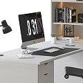 Modern Office Desk With Computer Monitor Desk Lamp Keyboard Mouse And Bookshelf Cabinet