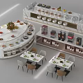 Stylish Buffet Restaurant Layout With Circular Table Long Counter And Dining Seats 3d model