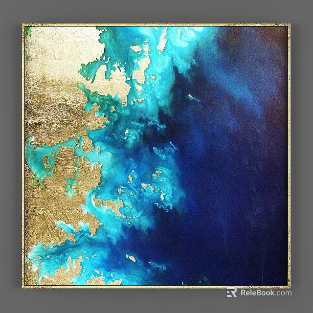 Framed Abstract Artwork With Golden Frame And Blue Gold Fluid Paint Design 3d model 