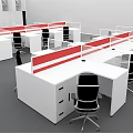 Modern Office Desks With White Surfaces Red Partitions And Black Chairs