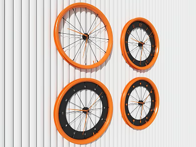Four Modern Orange And Black Clocks Hanging On White Striped Wall 3d model