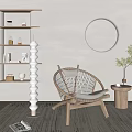 Stylish Accent Chair With Wooden Shelf Round Light Small Side Table And Potted Plant
