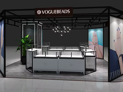 VOGUEBEADS Modern Exhibition Booth With Glass Display Counters Lighting And Green Plant 3d model
