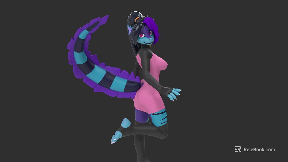 Fantasy Woman In Pink Dress With Purple Black Hair And Blue Striped Tail Dancing 3d model 