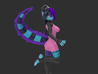 Fantasy Woman In Pink Dress With Purple Black Hair And Blue Striped Tail Dancing 3d model