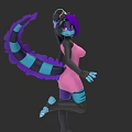 Fantasy Woman In Pink Dress With Purple Black Hair And Blue Striped Tail Dancing