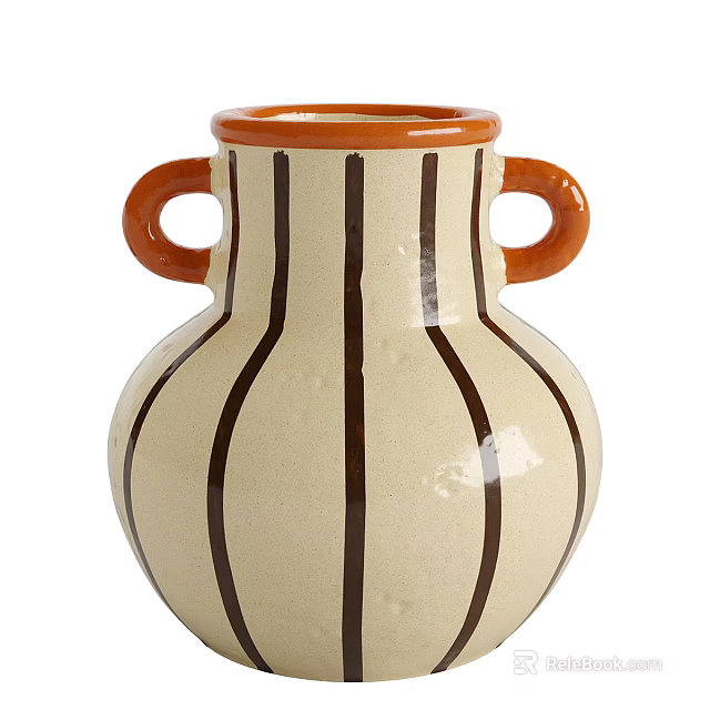 Ceramic Vase With Orange Handles And Rim Cream Colored Body Dark Brown Vertical Stripes 3d model 