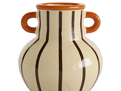 Ceramic Vase With Orange Handles And Rim Cream Colored Body Dark Brown Vertical Stripes 3d model