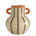 Ceramic Vase With Orange Handles And Rim Cream Colored Body Dark Brown Vertical Stripes