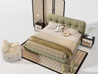 Cozy Double Bed With Green Tufted Headboard Pillows Blankets Nightstands Armchair And Decorative Rug 3d model