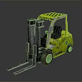 Yellow Industrial Forklift With Black Stripes Cab Shiny Metal Forks And Tires