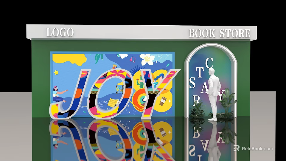 Colorful JOY Letter Photo Spot With Book Store Archway Green Plants And Reflection 3d model 