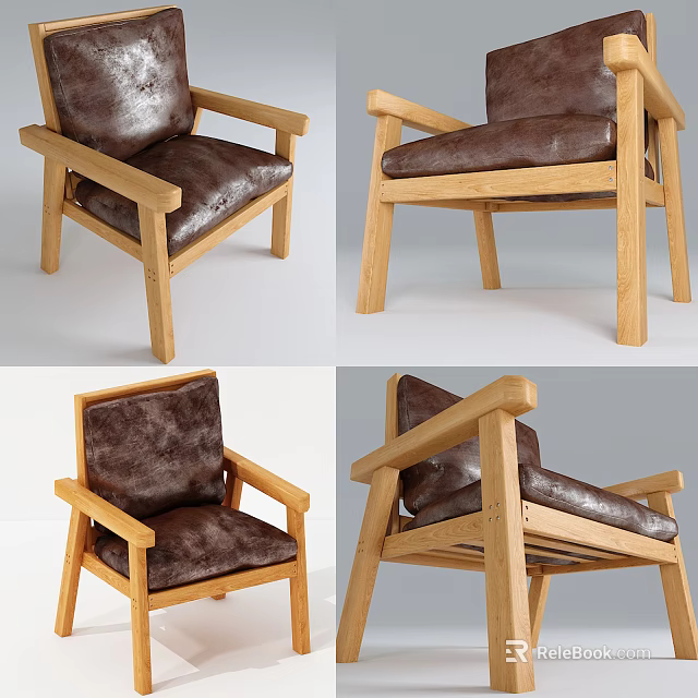 Modern Wooden Frame Leisure Chair With Brown Leather Seat And Backrest Multiple Angles View 3d model 