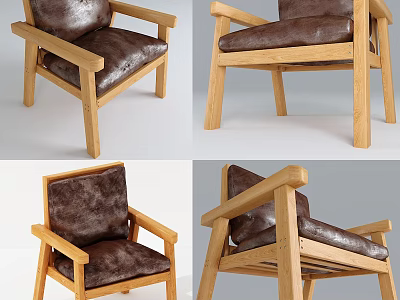 Modern Wooden Frame Leisure Chair With Brown Leather Seat And Backrest Multiple Angles View 3d model