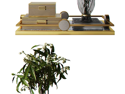 Elegant Glass Vase With White Flowers Green Leaves On Gold Tray Home Decor 3d model