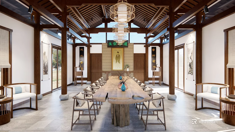 Chinese Style Living Room Interior With Wooden Long Table Chairs Chandelier And Paintings 3d model 
