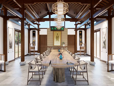 Chinese Style Living Room Interior With Wooden Long Table Chairs Chandelier And Paintings 3d model