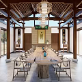 Chinese Style Living Room Interior With Wooden Long Table Chairs Chandelier And Paintings