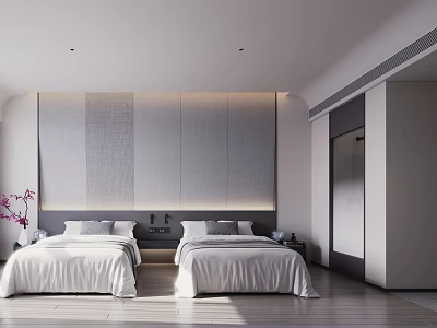 Modern Hotel Guest Room Featuring Twin Beds Headboard Wall Panel Wooden Flooring And Natural Light 3d model
