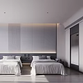 Modern Hotel Guest Room Featuring Twin Beds Headboard Wall Panel Wooden Flooring And Natural Light