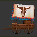 Vintage Covered Wagon Featuring Bull Skull Design Red Blue Trim Wooden Wheels And Steps