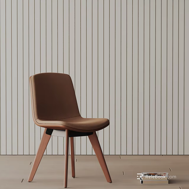 Brown Leather Upholstered Bar Chair With Wooden Legs And Light Colored Vertical Striped Wall 3d model 