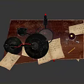 Red Wooden Desk With Table Lamp Open Book Papers And Ink Bottle
