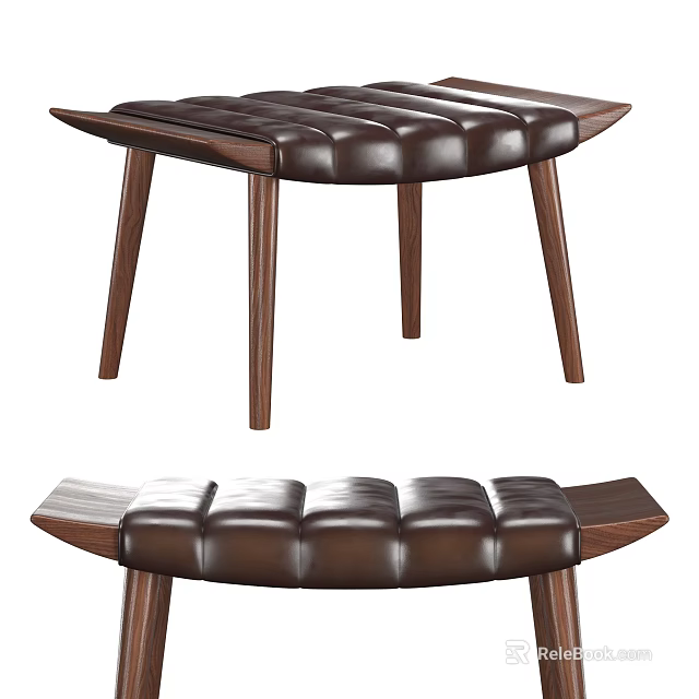 Modern Leather Tufted Stool With Curved Seat And Sturdy Wooden Legs 3d model 