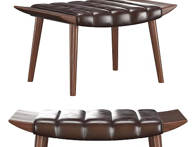 Modern Leather Tufted Stool With Curved Seat And Sturdy Wooden Legs 3d model