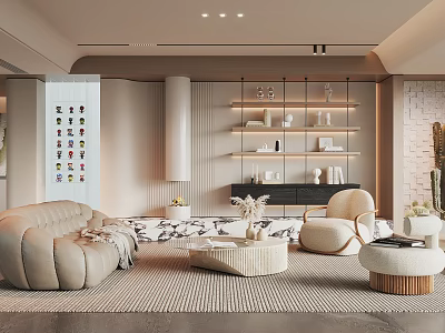 Elegant Modern Living Room Interior With Beige Sofa Armchair Round Coffee Table And Decor Shelves 3d model