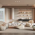 Elegant Modern Living Room Interior With Beige Sofa Armchair Round Coffee Table And Decor Shelves