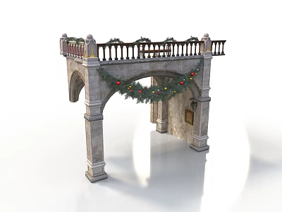 Classical Architectural Arch Structure With Top Balcony Railing Christmas Wreath Colorful Ornaments And Green Plants 3d model