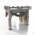 Classical Architectural Arch Structure With Top Balcony Railing Christmas Wreath Colorful Ornaments And Green Plants