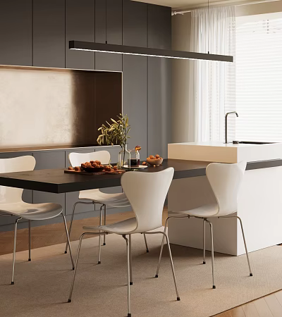 Stylish Modern Restaurant Dining Area With Black Table White Chairs And Kitchen Counter 3d model