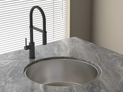 Modern Kitchen Stainless Steel Sink With Black Faucet On Marble Countertop 3d model