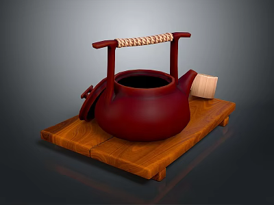 Red Teapot With Woven Handle On Wooden Tray And Open Lid With Tea Scoop 3d model