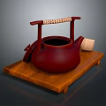 Red Teapot With Woven Handle On Wooden Tray And Open Lid With Tea Scoop