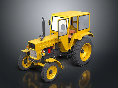 Yellow Tractor With Cab And Large Black Tires On Dark Surface 3d model