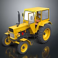 Yellow Tractor With Cab And Large Black Tires On Dark Surface 3d model