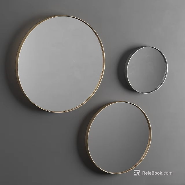 Three Round Decorative Mirrors With Gold And Silver Frames On Gray Wall 3d model
