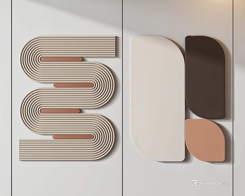 Modern Abstract Wall Decor with Curved Striped Geometric Block Designs in Beige Brown White Tones 3d model 