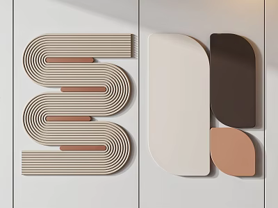 Modern Abstract Wall Decor with Curved Striped Geometric Block Designs in Beige Brown White Tones 3d model