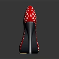 Red Polka Dot High Heels with Coin on Heel and Scattered Coins on Black Background