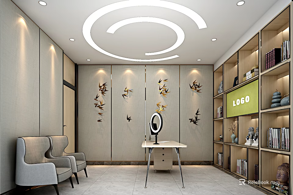 Modern Public Office Space Interior With Desks Bookshelves And Decorative Lighting 3d model 