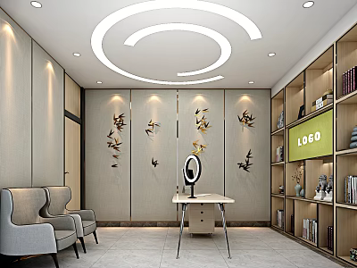 Modern Public Office Space Interior With Desks Bookshelves And Decorative Lighting 3d model