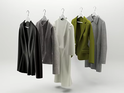 Fashionable Long Coats Hanging On Hangers In Black Gray White Green Colors 3d model