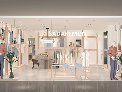 Modern Clothing Store Interior Design With Wooden Racks Mannequins And Bright Lighting 3d model
